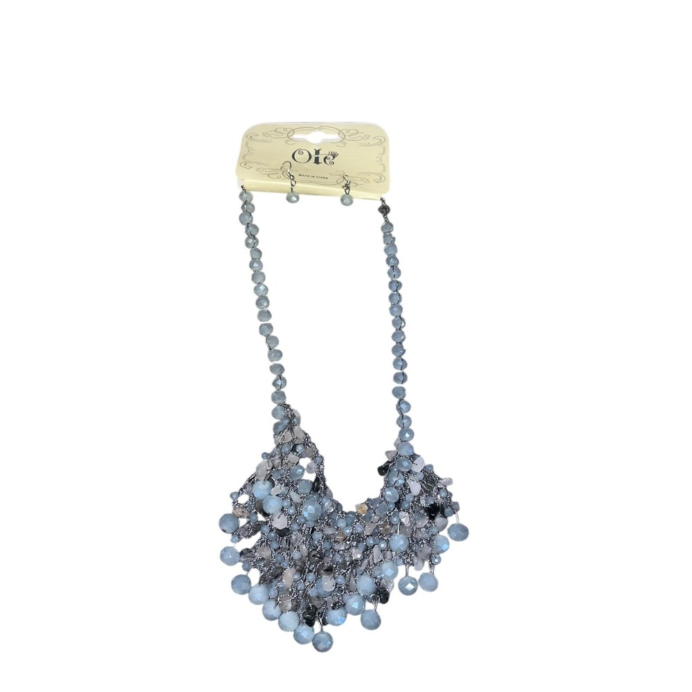 Oie‎ Blue Beaded Statement Necklace Set w/ Earrings Sparkly Bib Jewelry NWT